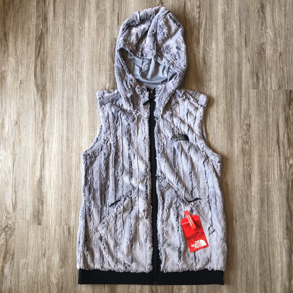 NWT North Face fuzzy hooded vest - grey and black